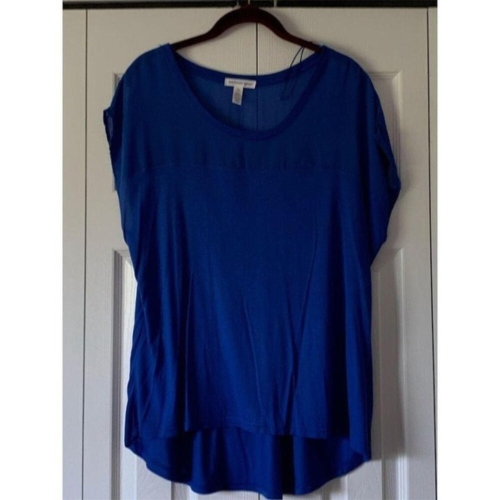 Ambiance Apparel Womens Blue Tunic Top Mixed Media Sheer Yoke 1X 65581XL